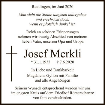 Anzeige von Josef Merkli von Reutlinger General-Anzeiger
