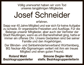 Anzeige von Josef Schneider von Reutlinger General-Anzeiger