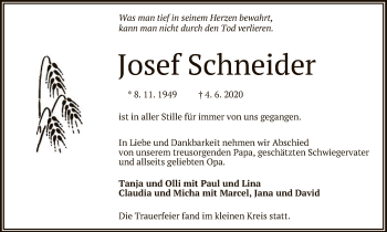 Anzeige von Josef Schneider von Reutlinger General-Anzeiger