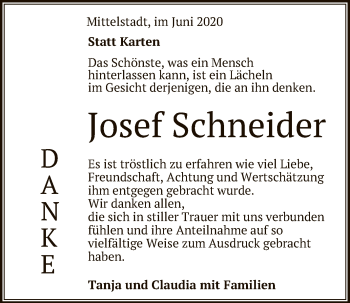 Anzeige von Josef Schneider von Reutlinger General-Anzeiger