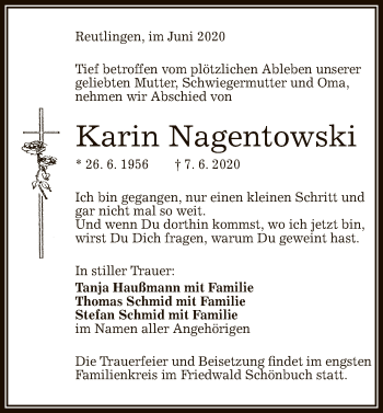 Anzeige von Karin Nagentowski von Reutlinger General-Anzeiger