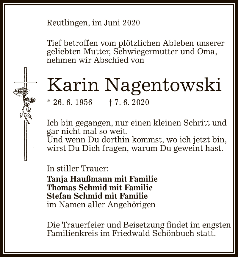  Traueranzeige für Karin Nagentowski vom 13.06.2020 aus Reutlinger General-Anzeiger