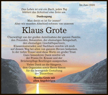 Anzeige von Klaus Grote von Reutlinger General-Anzeiger