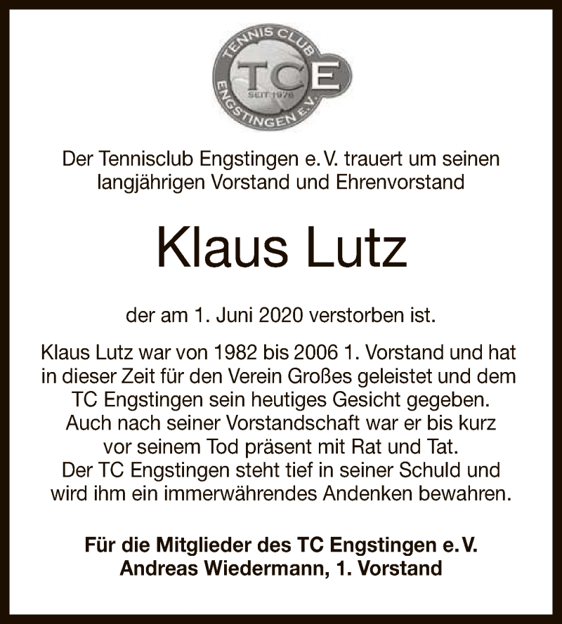 Traueranzeige für Klaus Lutz vom 06.06.2020 aus Reutlinger General-Anzeiger