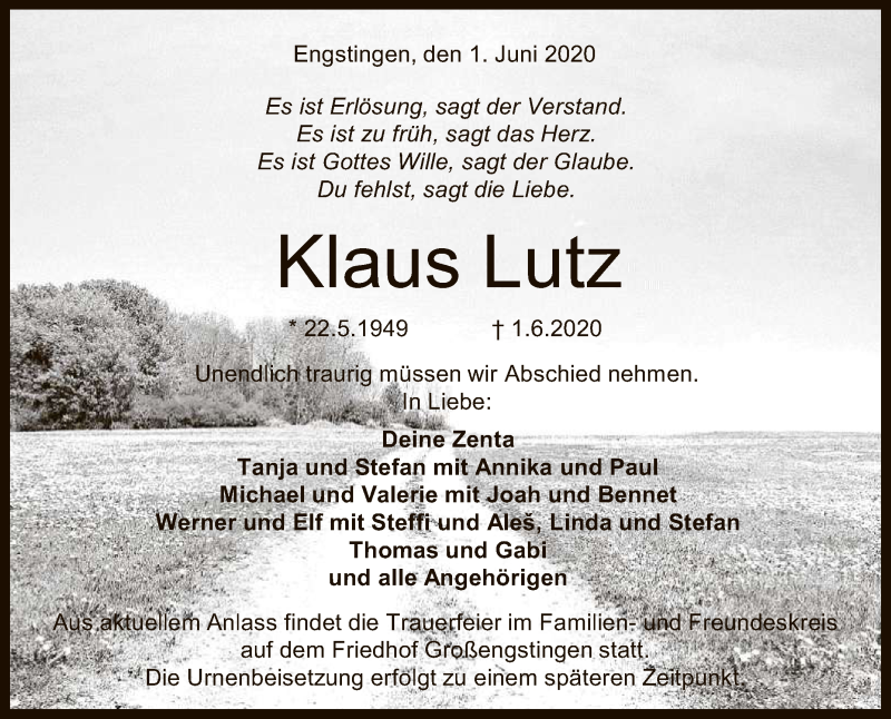  Traueranzeige für Klaus Lutz vom 03.06.2020 aus Reutlinger General-Anzeiger