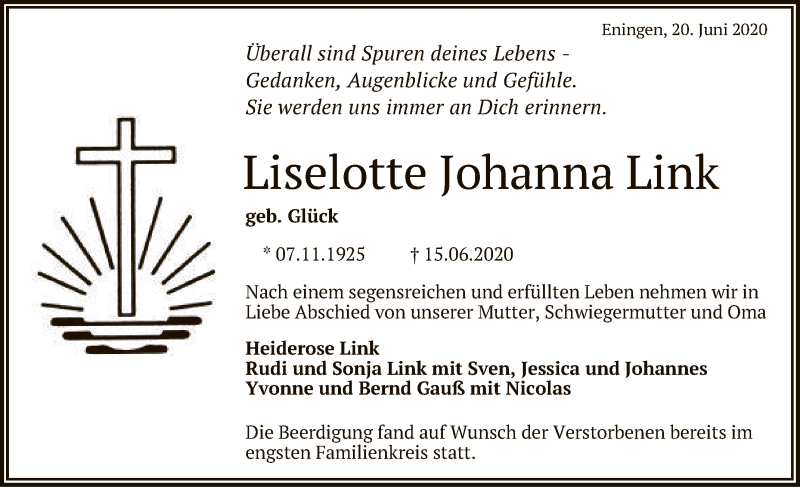  Traueranzeige für Liselotte Johanna Link vom 20.06.2020 aus Reutlinger General-Anzeiger