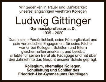 Anzeige von Ludwig Gittinger von Reutlinger General-Anzeiger