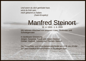 Anzeige von Manfred Steinort von Reutlinger General-Anzeiger