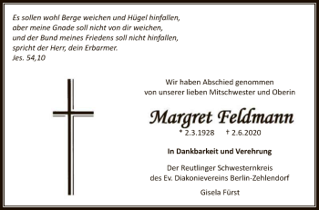 Anzeige von Margret Feldmann von Reutlinger General-Anzeiger