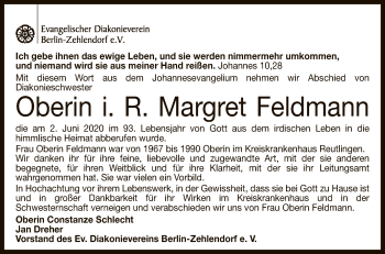 Anzeige von Margret Feldmann von Reutlinger General-Anzeiger