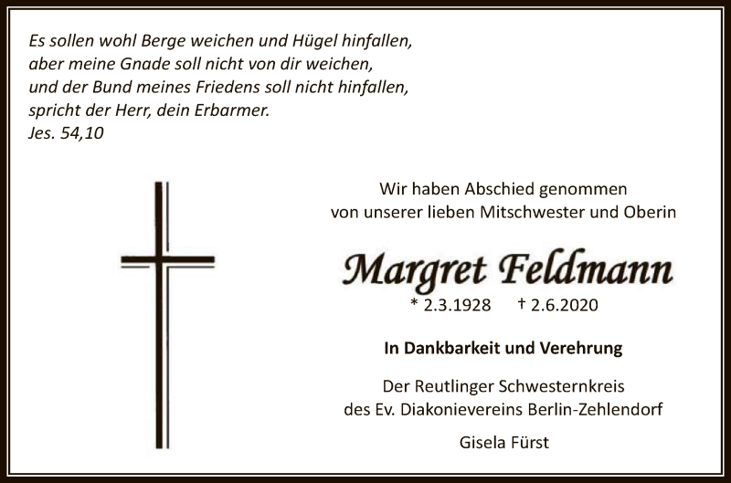  Traueranzeige für Margret Feldmann vom 10.06.2020 aus Reutlinger General-Anzeiger