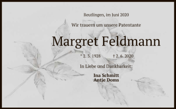 Anzeige von Margret Feldmann von Reutlinger General-Anzeiger