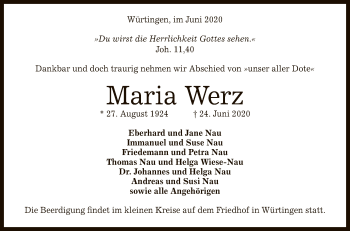 Anzeige von Maria Werz von Reutlinger General-Anzeiger