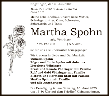 Anzeige von Martha Spohn von Reutlinger General-Anzeiger