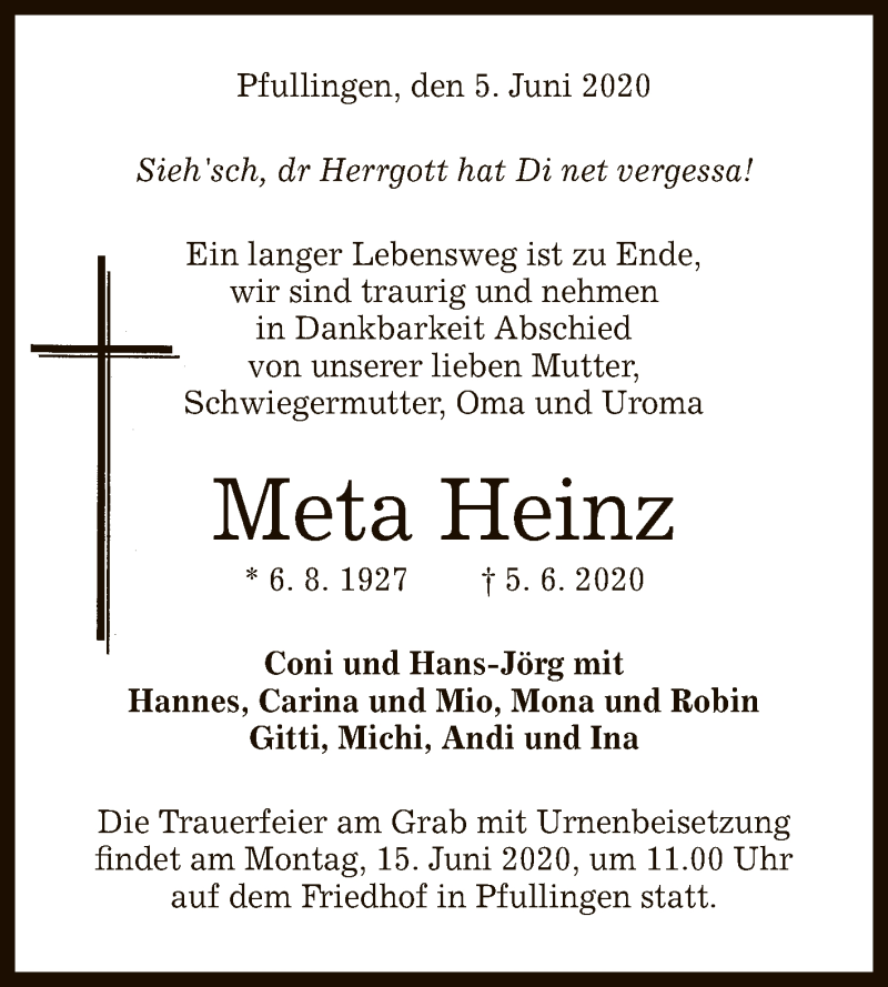  Traueranzeige für Meta Heinz vom 12.06.2020 aus Reutlinger General-Anzeiger