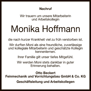 Anzeige von Monika Hoffmann von Reutlinger General-Anzeiger