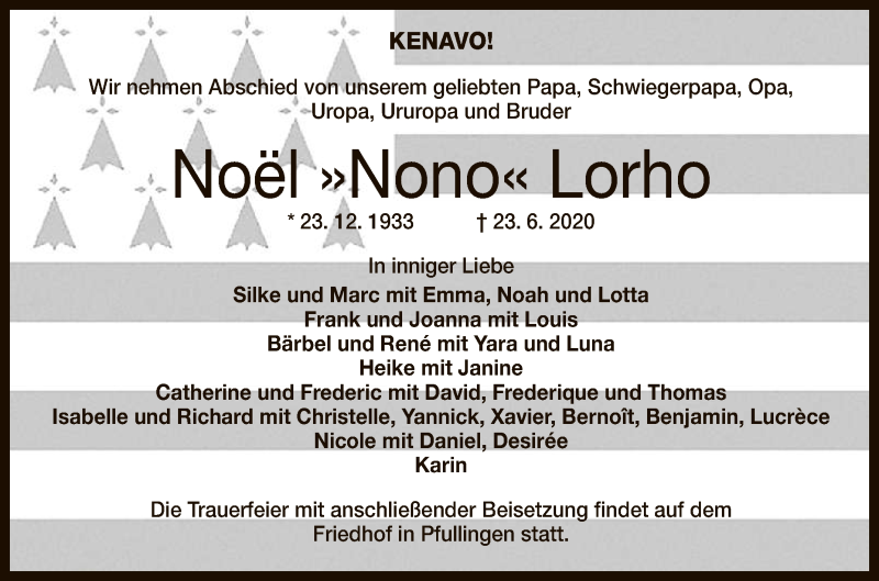  Traueranzeige für Noël Lorho vom 27.06.2020 aus Reutlinger General-Anzeiger