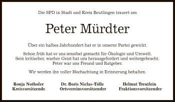 Anzeige von Peter Mürdter von Reutlinger General-Anzeiger