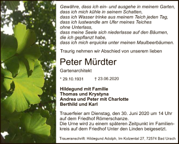 Anzeige von Peter Mürdter von Reutlinger General-Anzeiger