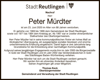 Anzeige von Peter Mürdter von Reutlinger General-Anzeiger