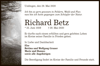 Anzeige von Richard Betz von Reutlinger General-Anzeiger