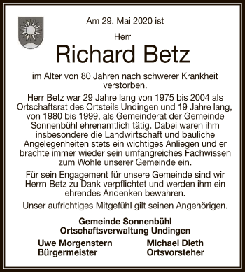 Anzeige von Richard Betz von Reutlinger General-Anzeiger