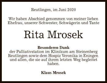 Anzeige von Rita Mrosek von Reutlinger General-Anzeiger