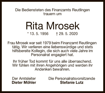 Anzeige von Rita Mrosek von Reutlinger General-Anzeiger