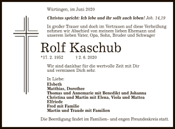 Anzeige von Rolf Kaschub von Reutlinger General-Anzeiger