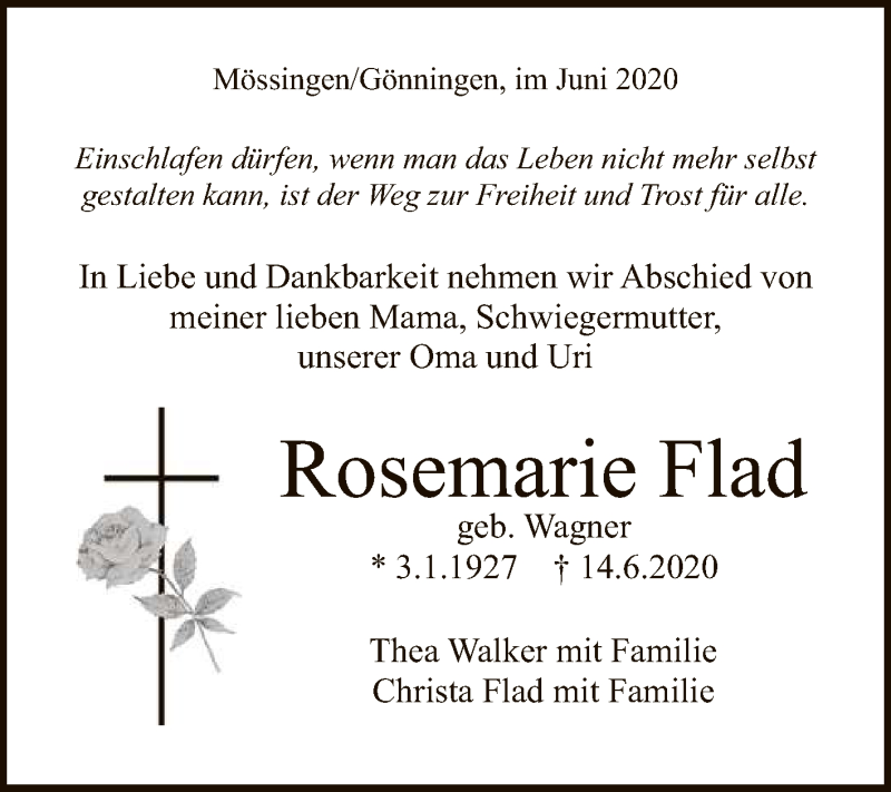  Traueranzeige für Rosemarie Flad vom 20.06.2020 aus Reutlinger General-Anzeiger