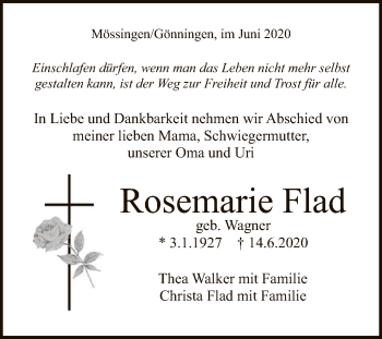 Anzeige von Rosemarie Flad von Reutlinger General-Anzeiger