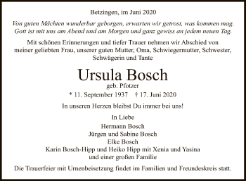 Anzeige von Ursula Bosch von Reutlinger General-Anzeiger