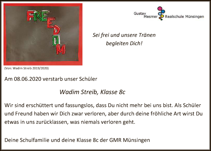  Traueranzeige für Wadim Streib vom 18.06.2020 aus Reutlinger General-Anzeiger