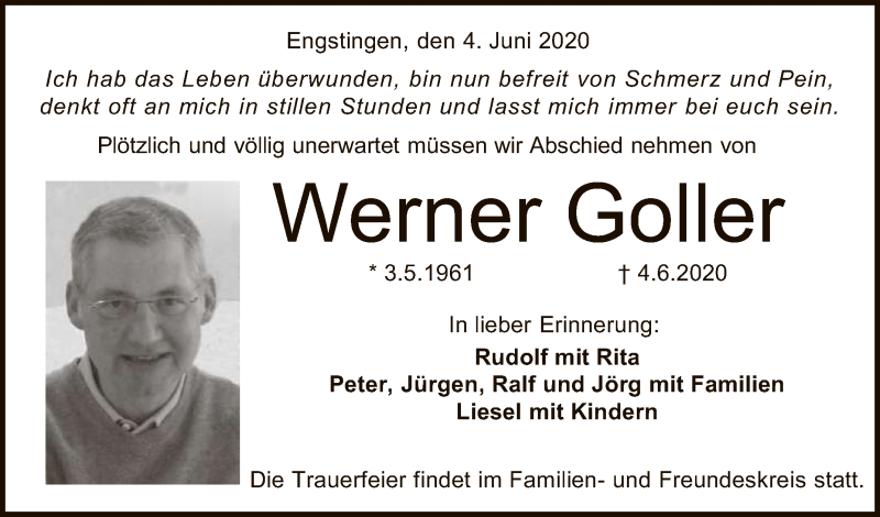  Traueranzeige für Werner Goller vom 09.06.2020 aus Reutlinger General-Anzeiger