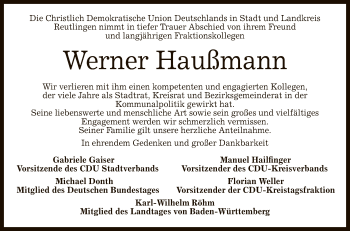Anzeige von Werner Haußmann von Reutlinger General-Anzeiger