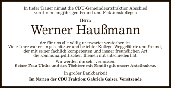 Anzeige von Werner Haußmann von Reutlinger General-Anzeiger
