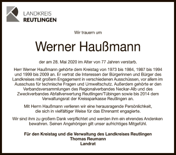 Anzeige von Werner Haußmann von Reutlinger General-Anzeiger