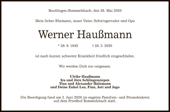 Anzeige von Werner Haußmann von Reutlinger General-Anzeiger