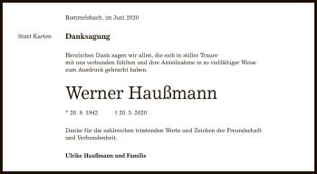 Anzeige von Werner Haußmann von Reutlinger General-Anzeiger