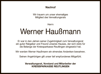 Anzeige von Werner Haußmann von Reutlinger General-Anzeiger