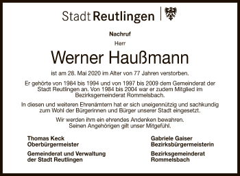 Anzeige von Werner Haußmann von Reutlinger General-Anzeiger