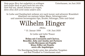 Anzeige von Wilhelm Hinger von Reutlinger General-Anzeiger