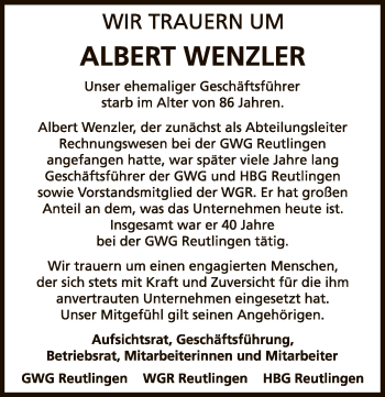Anzeige von Albert Wenzler von Reutlinger General-Anzeiger