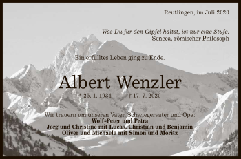 Anzeige von Albert Wenzler von Reutlinger General-Anzeiger
