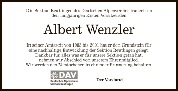 Anzeige von Albert Wenzler von Reutlinger General-Anzeiger