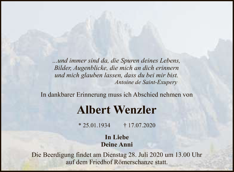  Traueranzeige für Albert Wenzler vom 25.07.2020 aus Reutlinger General-Anzeiger