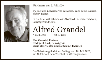 Anzeige von Alfred Grandel von Reutlinger General-Anzeiger