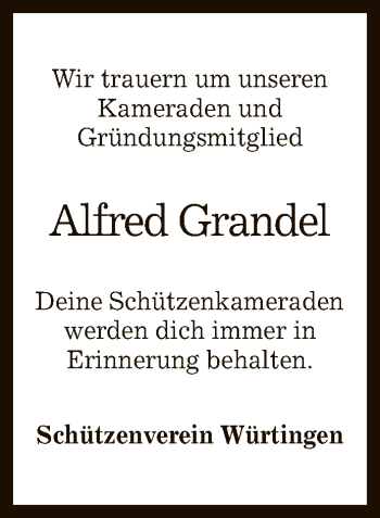 Anzeige von Alfred Grandel von Reutlinger General-Anzeiger