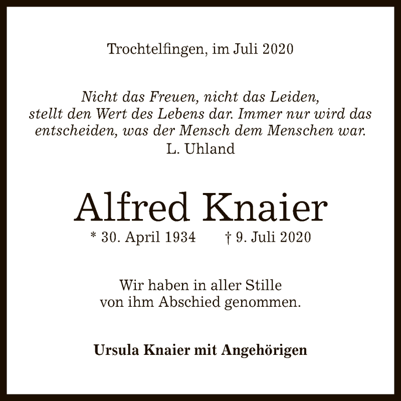  Traueranzeige für Alfred Knaier vom 29.07.2020 aus Reutlinger General-Anzeiger