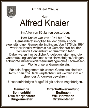 Anzeige von Alfred Knaier von Reutlinger General-Anzeiger